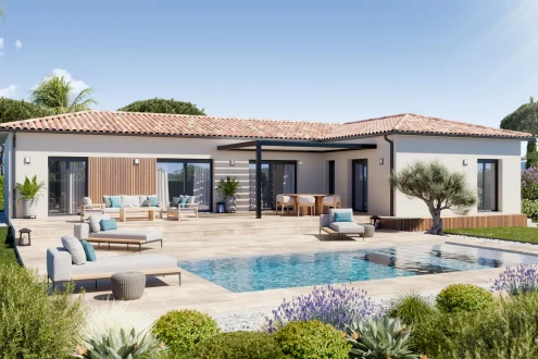 Villa de plain-pied avec terrasse couverte et piscine, modèle Villas Gaia