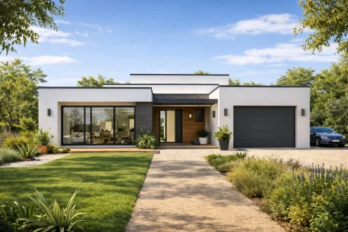 Maison contemporaine de plain-pied avec garage et jardin, modèle Villas Gaia