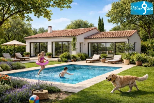 Maison de plain-pied avec piscine et jardin, modèle Villas Gaia